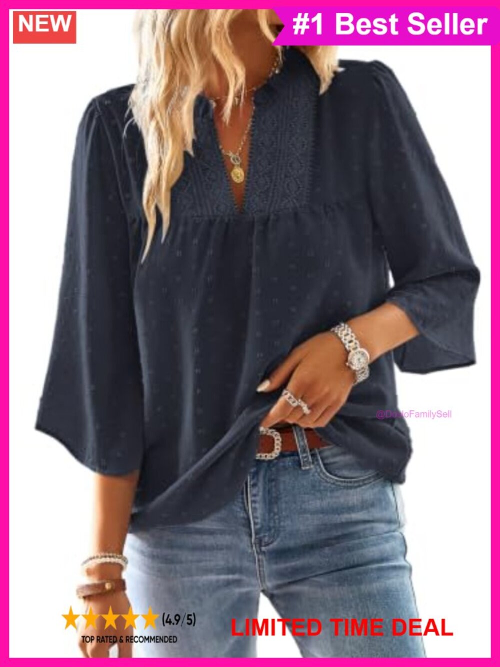 Womens V-Neck Crochet Lace Blouse 3/4 Sleeve Boho Flowy Tunic Top